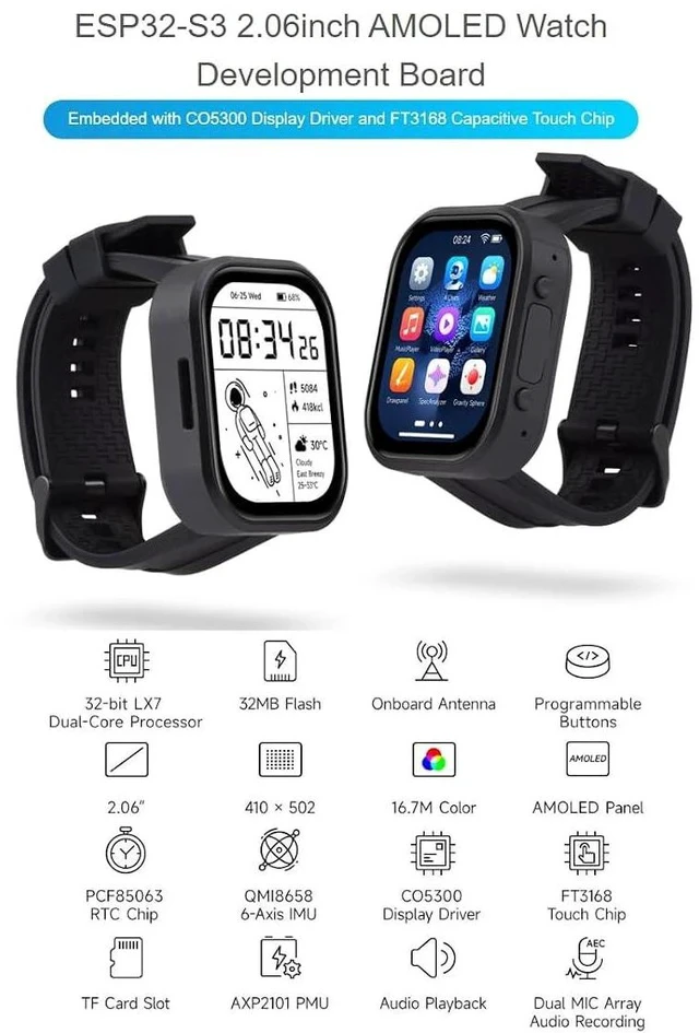 Alt view image 2 of 7 - ESP32-S3 2.06inch AMOLED Touch Watch Development Board Based on ESP32-S3R8 Microcontroller(Not Include Battery), Supports Offline Voice Recognition and AI Speech Interaction