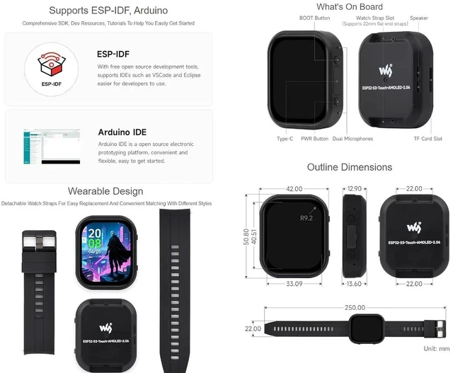 Alt view image 7 of 7 - ESP32-S3 2.06inch AMOLED Touch Watch Development Board Based on ESP32-S3R8 Microcontroller(Not Include Battery), Supports Offline Voice Recognition and AI Speech Interaction