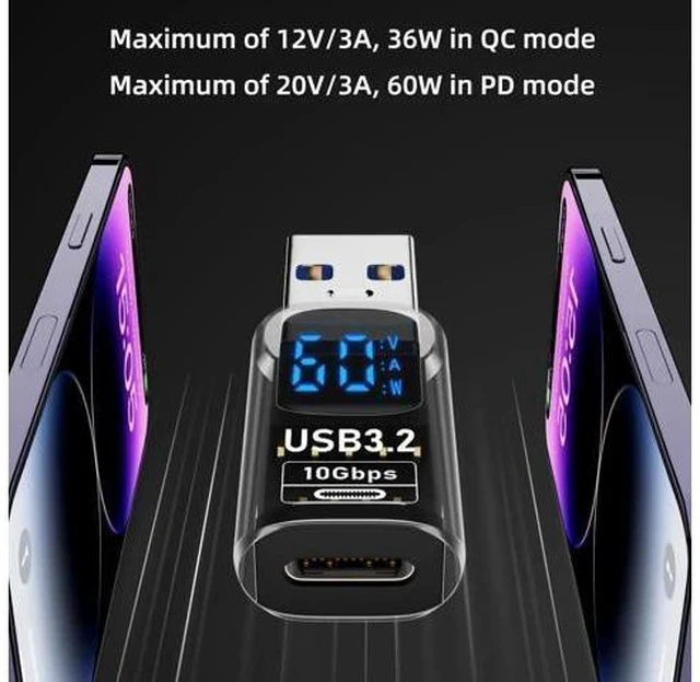 Alt view image 4 of 6 - 2 Pack USB 3.2 A to USB C Adapter with LED Digital Power Display, Real-Time Monitor Voltage Current Wattage Converter Compatible with iPhone 15 Series, iPad Air/Pro, MacBook, All USB-C Phones & Tablet