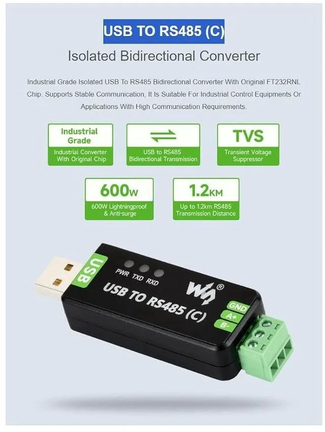 Main image of USB to RS485 (C) Converter Adapter with Original FT232RNL Chip,Industrial Grade Isolated Bidirectional Converter,ESD and TVS Protection,Compatible with Multiple Systems
