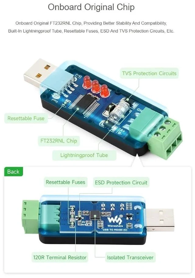 Alt view image 2 of 6 - USB to RS485 (C) Converter Adapter with Original FT232RNL Chip,Industrial Grade Isolated Bidirectional Converter,ESD and TVS Protection,Compatible with Multiple Systems