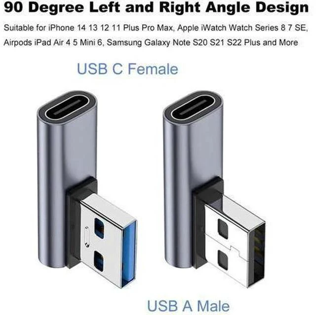 Alt view image 2 of 6 - 2 Pack Left & Right 90 Degree USB C Female to USB A Male Adapter, Fast Charging Converter Compatible with iPhone, iWatch, AirPods, iPad Air/Mini & USB-C Devices