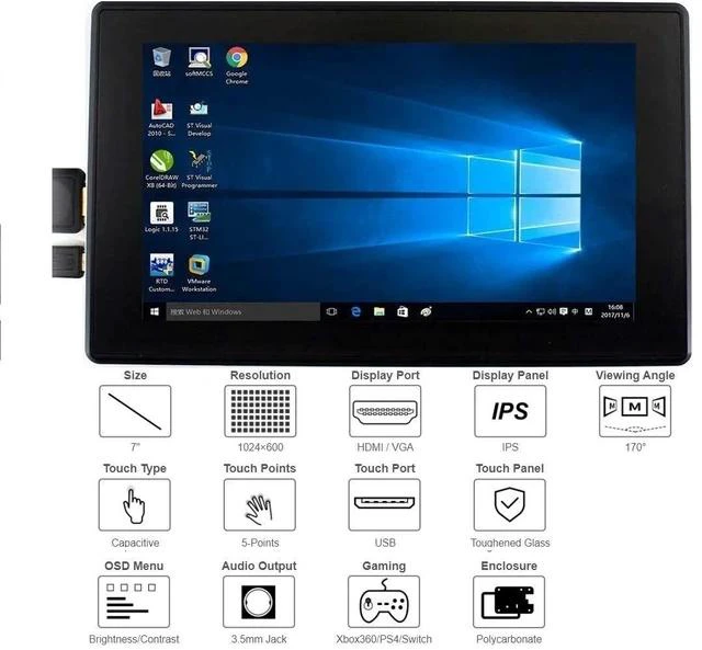 Alt view image 2 of 7 - 7inch HDMI LCD (H) (with case) 1024x600 for Raspberry Pi IPS Display Capacitive Touch Screen Monitor with Toughened Glass Cover Case for Raspberry Pi 4/3/2/1 B B+ A+/Jetson Nano/Windows 10