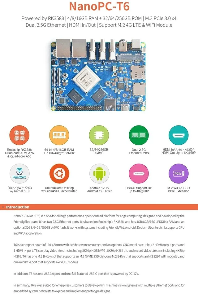 Alt view image 3 of 7 - NanoPC-T6 Internet Travel Routers Board with Metal case Powered by RK3588, 8GB RAM, Dual 2.5G Ethernet, HDMI in/Out, Support Android Debian (8GB LPDDR4X,64GB eMMC, WiFi Bundle)