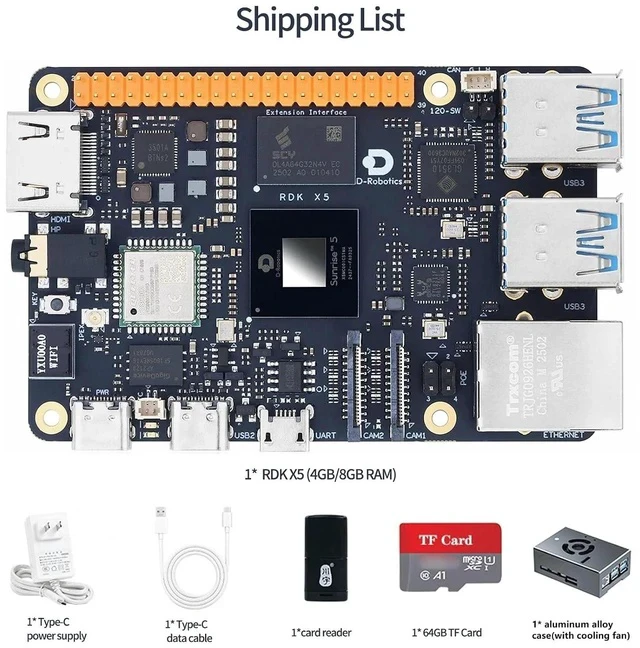 Alt view image 2 of 7 - D-Robotics RDK X5 Development Board - 10 Tops AI, 4GB/8GB RAM, Sunrise 5 Chip, Octa-core Cortex A55, MIPI DSI, HDMI, Wi-Fi 6, Bluetooth 5.4, Ready-to-Use (4GB RAM,Metal Case)