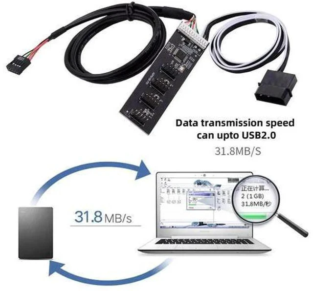 Alt view image 6 of 7 - Internal USB2.0 9Pin/10Pin Header 1-to-4 Female Hub Splitter Cable with IDE Power Supply Port for Motherboard