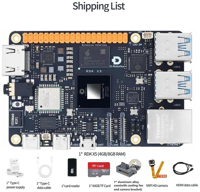 Alt view image 2 of 7 - D-Robotics RDK X5 Development Board - 10 Tops AI, 4GB/8GB RAM, Sunrise 5 Chip, Octa-core Cortex A55, MIPI DSI, HDMI, Wi-Fi 6, Bluetooth 5.4, Ready-to-Use (8GB RAM,Camera Module)