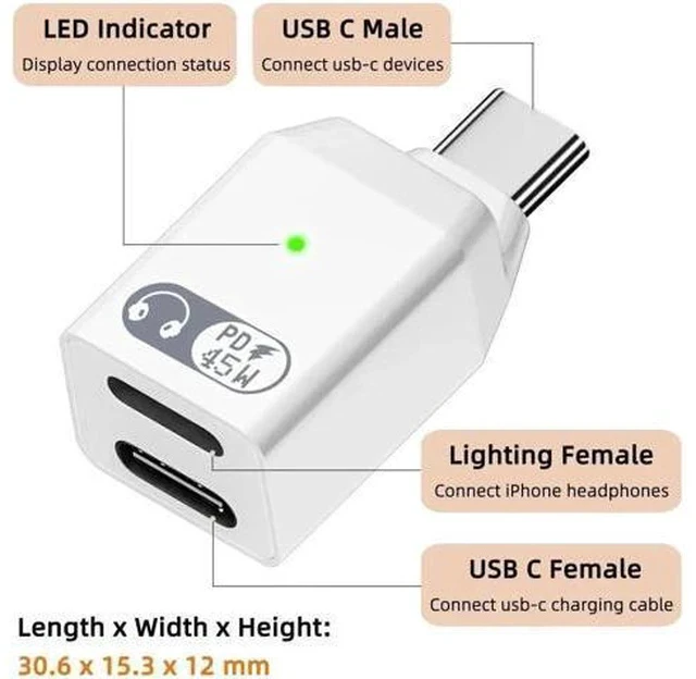 Alt view image 5 of 6 - USB C Splitter 2 in 1 Headphone Charging Adapter PD 45W Fast Charging Type C Audio Dongle Compatible with iPhone 15/16 Series, iPad Air Pro, All USB-C Phones Tablets Laptops