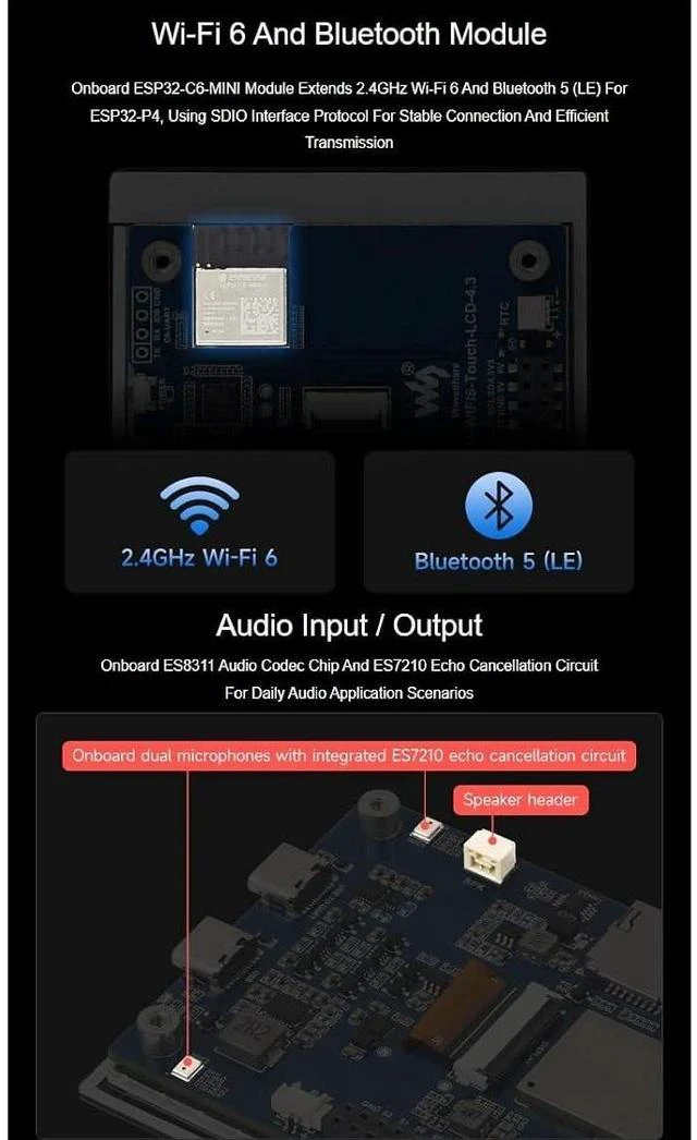 Alt view image 5 of 6 - ESP32-P4-WIFI6 4.3inch LCD Development Board,480×800 Resolution 5-Point Capacitive Touch Display,Based on ESP32-P4 and ESP32-C6,Supports AI Speech Interaction