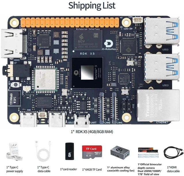Alt view image 2 of 7 - D-Robotics RDK X5 Development Board - 10 Tops AI, 4GB/8GB RAM, Sunrise 5 Chip, Octa-core Cortex A55, MIPI DSI, HDMI, Wi-Fi 6, Bluetooth 5.4, Ready-to-Use (4GB RAM,Binocular Camera)