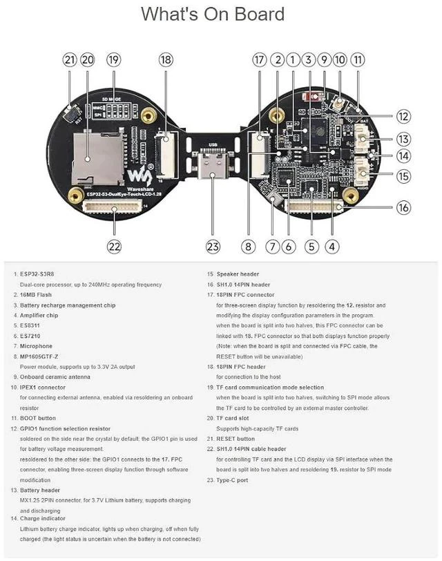 Alt view image 5 of 6 - ESP32-S3 1.28inch Double Eye Round LCD AIoT Development Board240 × 240 Resolution Dual IPS Displays65K ColorsSupports AI Speech InteractionSupports Wi-Fi/Bluetooth 5