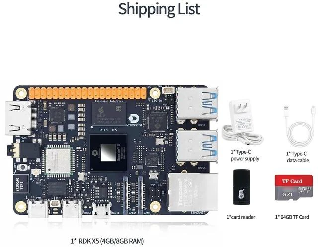 Main image of D-Robotics RDK X5 Development Board - 10 Tops AI, 4GB/8GB RAM, Sunrise 5 Chip, Octa-core Cortex A55, MIPI DSI, HDMI, Wi-Fi 6, Bluetooth 5.4, Ready-to-Use (8GB RAM,TF Card Kit)