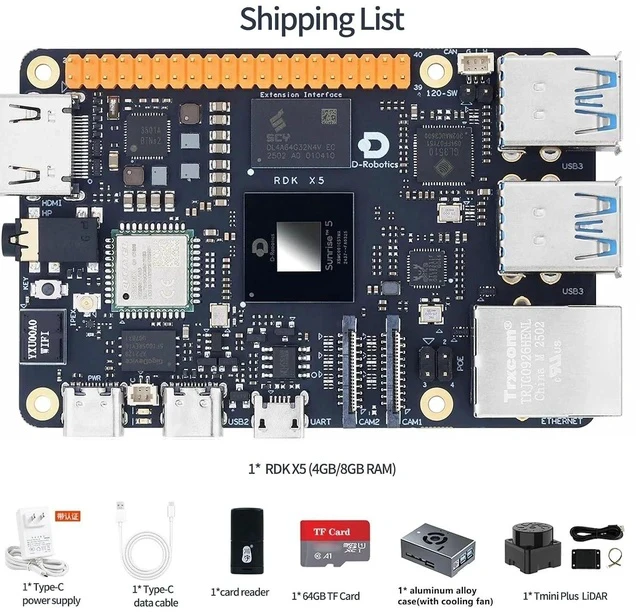 Alt view image 2 of 7 - D-Robotics RDK X5 Development Board - 10 Tops AI, 4GB/8GB RAM, Sunrise 5 Chip, Octa-core Cortex A55, MIPI DSI, HDMI, Wi-Fi 6, Bluetooth 5.4, Ready-to-Use (8GB RAM,Lidar Kit)