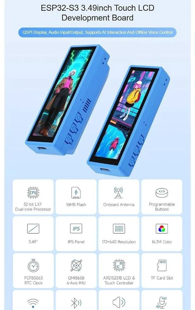 Alt view image 2 of 7 - ESP32-S3 Development Board with 3.49inch IPS Capacitive Touch LCD (B),172 × 640 Resolution 16.7M Color QSPI Display,Supports AI Interaction and Offline Voice Control