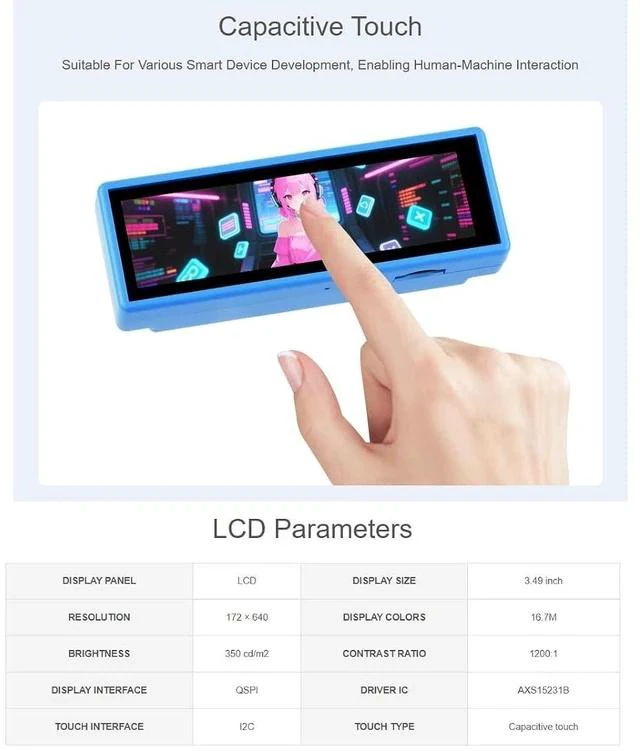 Alt view image 6 of 7 - ESP32-S3 Development Board with 3.49inch IPS Capacitive Touch LCD (B),172 × 640 Resolution 16.7M Color QSPI Display,Supports AI Interaction and Offline Voice Control