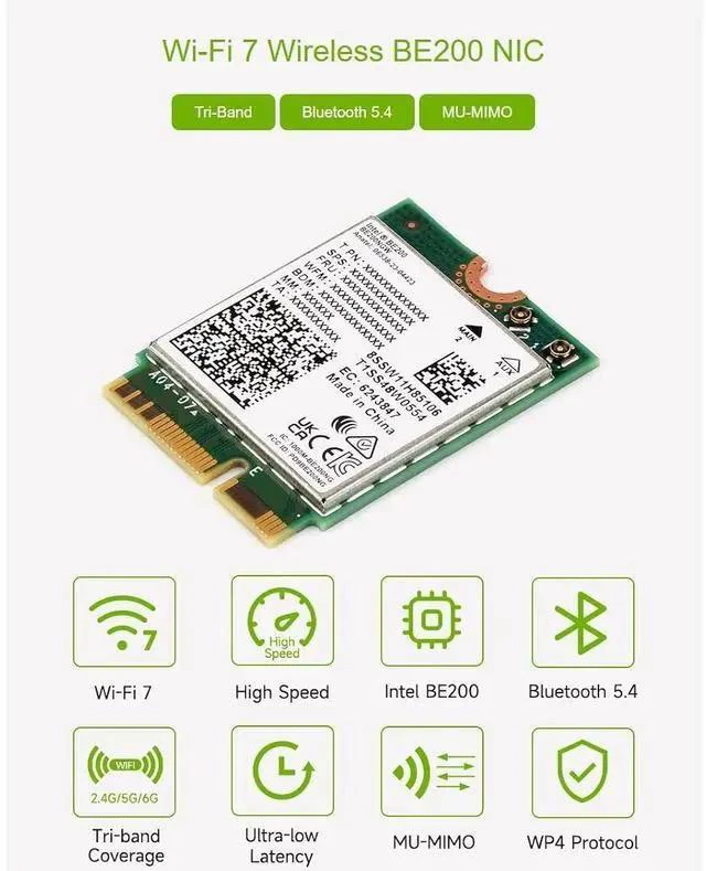 Alt view image 3 of 7 - WiFi 7 Wireless Card BE200 NIC Network Adapter,Bluetooth 5.4,5800Mbps NGFF (M.2 E Key)Supports 2.4G/5G/6GHz Tri-Band,IEEE 802.11a/b/g/n/ac/be/ax Standard
