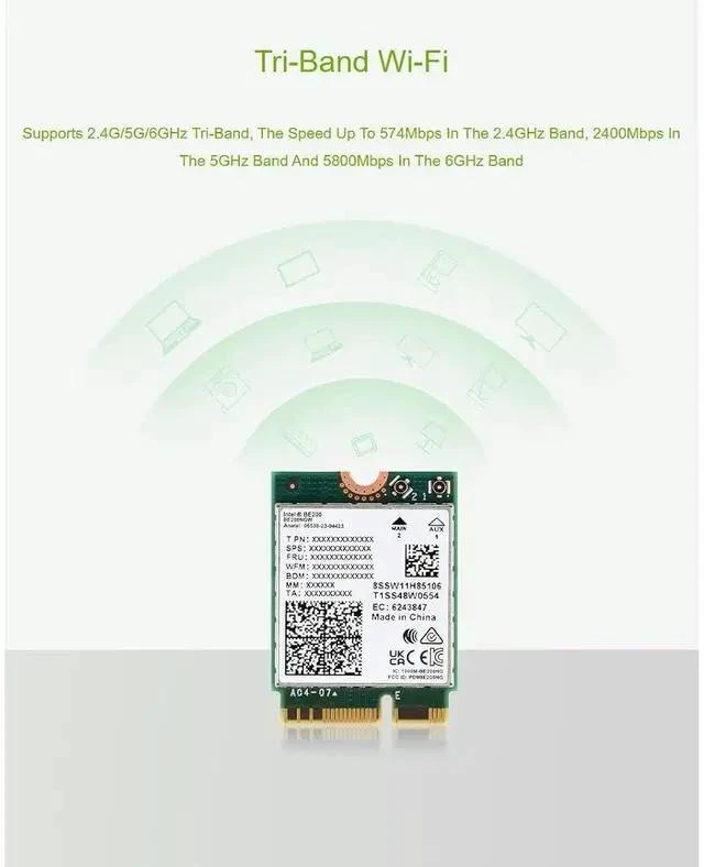 Alt view image 4 of 7 - WiFi 7 Wireless Card BE200 NIC Network Adapter,Bluetooth 5.4,5800Mbps NGFF (M.2 E Key)Supports 2.4G/5G/6GHz Tri-Band,IEEE 802.11a/b/g/n/ac/be/ax Standard