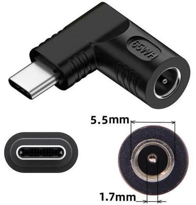 Alt view image 5 of 7 - 90 Degree Right Angle DC 5.5x1.7mm 20V Input to USB-C Output Power Adapter, 65W PD Fast Charging Converter Plug for Laptops, Phones and All USB-C Devices