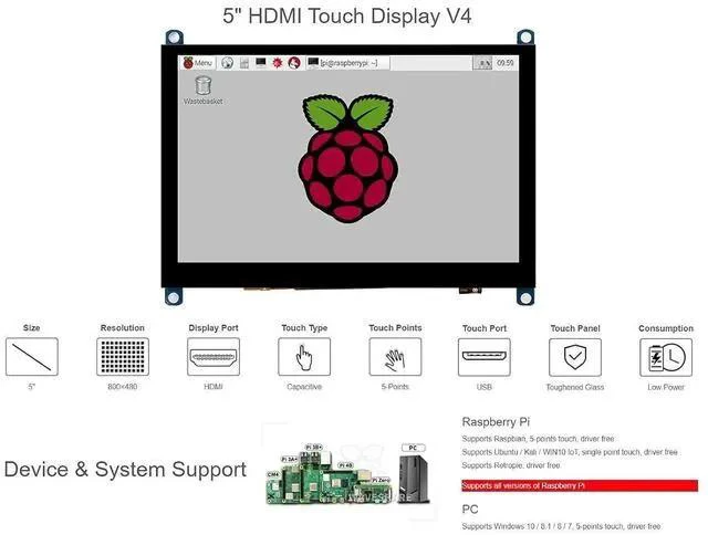 Alt view image 3 of 7 - 5 inch Capacitive Touch Screen TFT LCD Display Toughened Glass Panel 800x480 5inch HDMI H V4 LCD for Raspberry Pi 4B/3B+/3B/Zero/Zero W WH,PC,Support VariousSystems