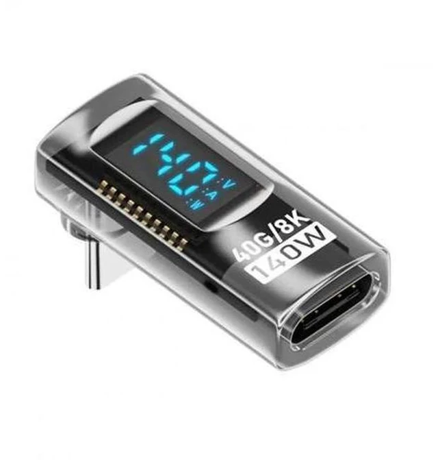 Main image of Transparent USB-C 90 Degree Up Down Angled Extension Adapter, USB4 40Gbps 140W PD Fast Charge LED Current Voltage Monitor Type-C Male to Female Smart Display Adapter