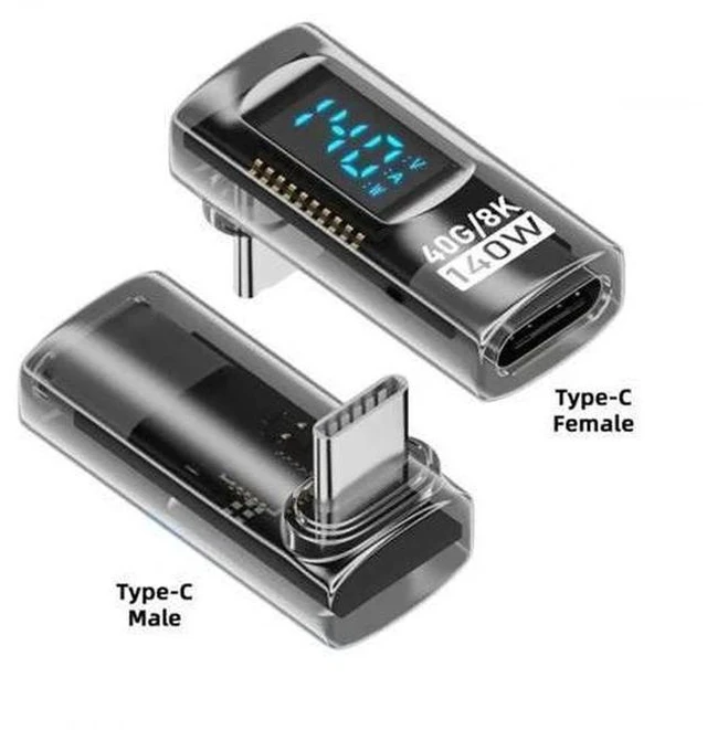 Alt view image 2 of 7 - Transparent USB-C 90 Degree Up Down Angled Extension Adapter, USB4 40Gbps 140W PD Fast Charge LED Current Voltage Monitor Type-C Male to Female Smart Display Adapter