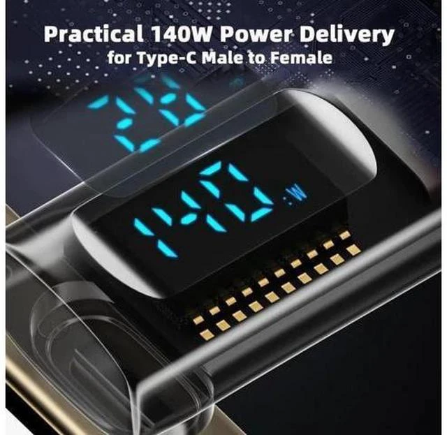 Alt view image 7 of 7 - Transparent USB-C 90 Degree Up Down Angled Extension Adapter, USB4 40Gbps 140W PD Fast Charge LED Current Voltage Monitor Type-C Male to Female Smart Display Adapter