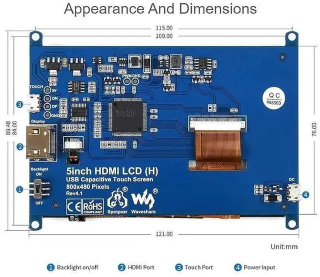 Alt view image 6 of 7 - 5 inch Capacitive Touch Screen TFT LCD Display Toughened Glass Panel 800x480 5inch HDMI H V4 LCD for Raspberry Pi 4B/3B+/3B/Zero/Zero W WH,PC,Support VariousSystems