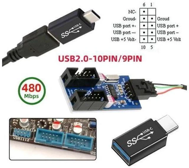 Alt view image 3 of 7 - USB 2.0 Motherboard 9Pin/10Pin Header 1-to-2 Splitter Hub Cable, Internal Front Panel USB Header Extension Adapter with USB-C Type-E Converter for PC Desktop Case Upgrade