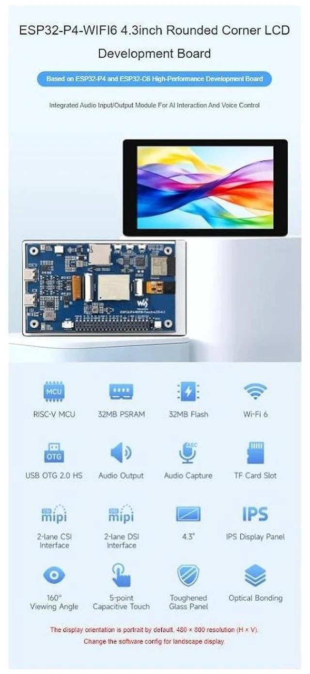 Alt view image 2 of 6 - ESP32-P4-WIFI6 4.3inch LCD Development Board with 5MP OV5647 Camera,480×800 Resolution 5-Point Capacitive Touch Display,Based on ESP32-P4 and ESP32-C6,Supports AI Speech Interaction