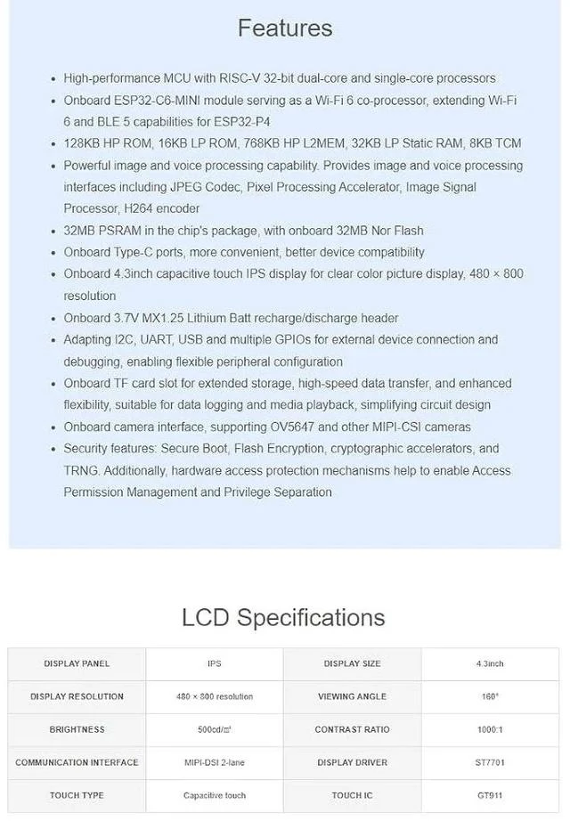 Alt view image 6 of 6 - ESP32-P4-WIFI6 4.3inch LCD Development Board with 5MP OV5647 Camera,480×800 Resolution 5-Point Capacitive Touch Display,Based on ESP32-P4 and ESP32-C6,Supports AI Speech Interaction