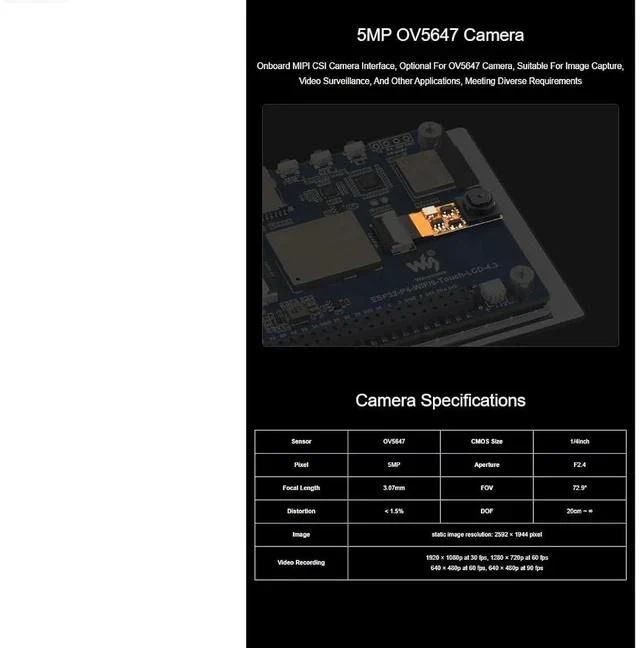 Alt view image 5 of 6 - ESP32-P4-WIFI6 4.3inch LCD Development Board with 5MP OV5647 Camera,480×800 Resolution 5-Point Capacitive Touch Display,Based on ESP32-P4 and ESP32-C6,Supports AI Speech Interaction