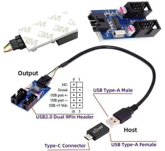 Alt view image 7 of 7 - USB 2.0 Motherboard 9Pin/10Pin Header 1-to-2 Splitter Hub Cable, Internal Front Panel USB Header Extension Adapter with USB-C Type-E Converter for PC Desktop Case Upgrade
