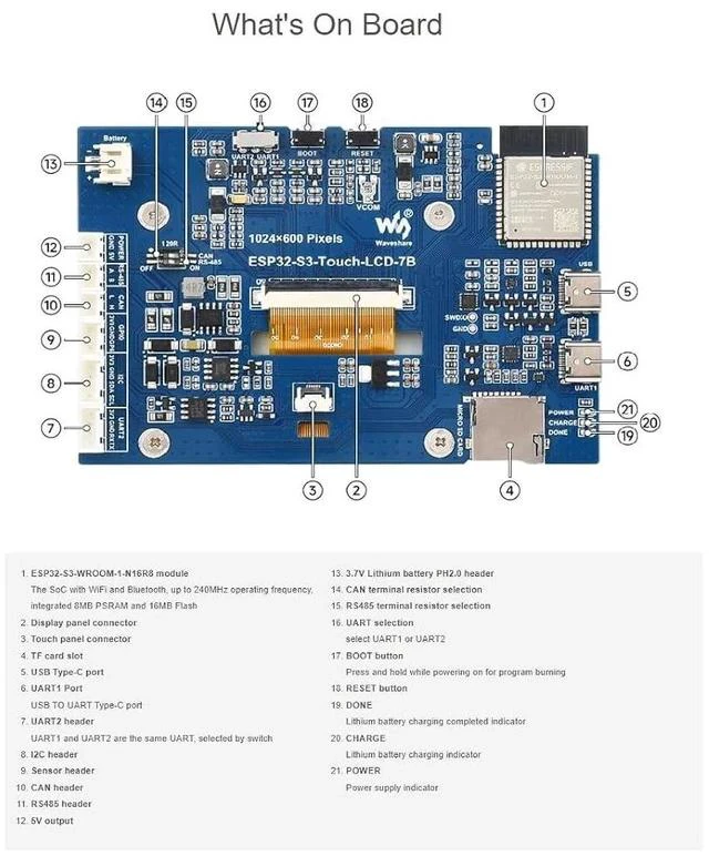 Alt view image 5 of 7 - ESP32-S3 7inch Display Development Board Type B 1024×600 Resolution 7IPS LCD Screen Supports Wi-Fi and Bluetooth BLE 5,Backlight Adjustable, Multiple Peripheral Interfaces