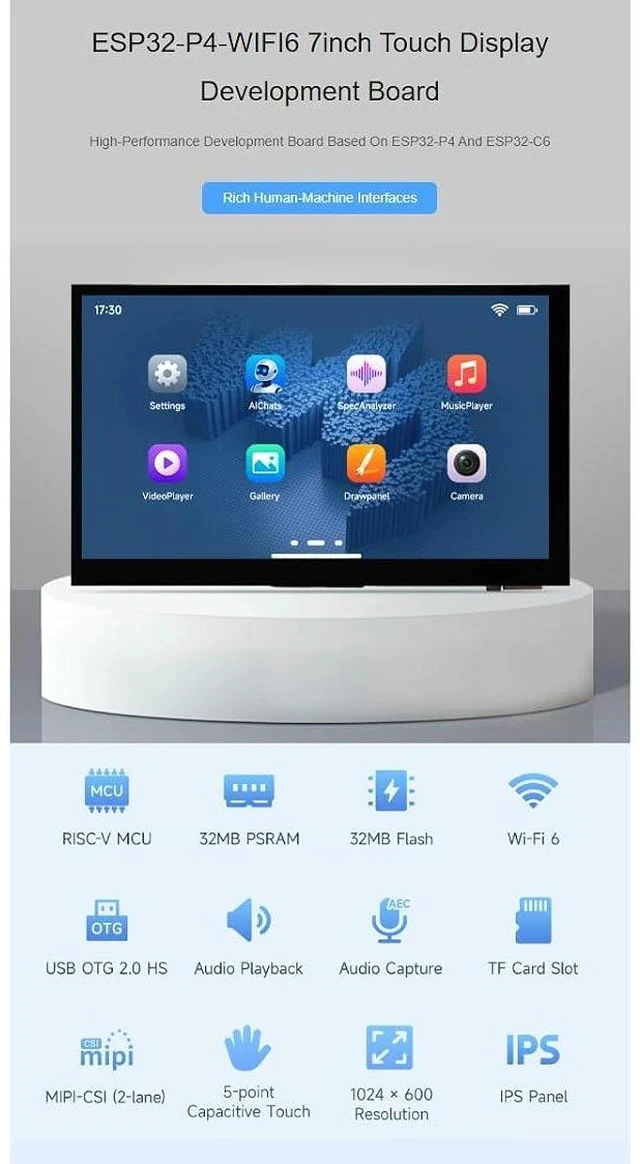 Alt view image 2 of 7 - ESP32-P4-WIFI6 7inch IPS Touch Display Development Board Based On ESP32-P4 and ESP32-C6 1024 × 600 Resolution Capacitive 5-Point Touch Screen Supports Wi-Fi 6 / Bluetooth 5 (LE)