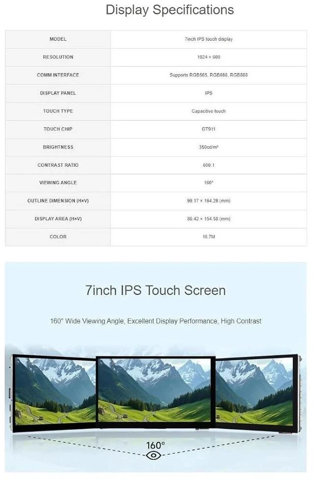 Alt view image 3 of 7 - ESP32-P4-WIFI6 7inch IPS Touch Display Development Board Based On ESP32-P4 and ESP32-C6 1024 × 600 Resolution Capacitive 5-Point Touch Screen Supports Wi-Fi 6 / Bluetooth 5 (LE)