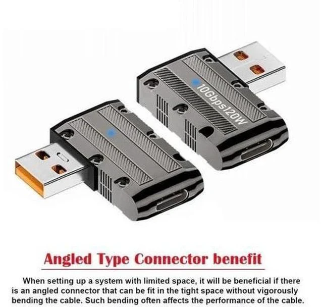 Alt view image 3 of 7 - Flat Left 90 Degree Mecha Cyberpunk USB 3.1 Gen2 Adapter, USB-A Male to USB-C Female Low Profile Elbow Connector, 10Gbps Data Transfer & 120W PD Fast Charging Converter