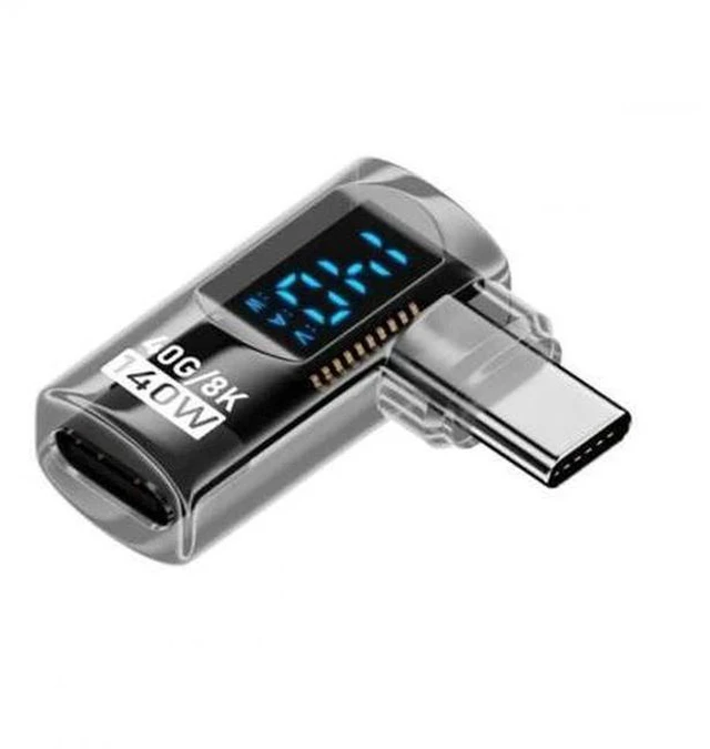 Main image of Transparent 90 Degree Left Right Angled USB-C Extension Adapter, USB4 40Gbps 140W PD Fast Charge Smart LED Display Type-C Male to Female Extender with Voltage Current Monitor