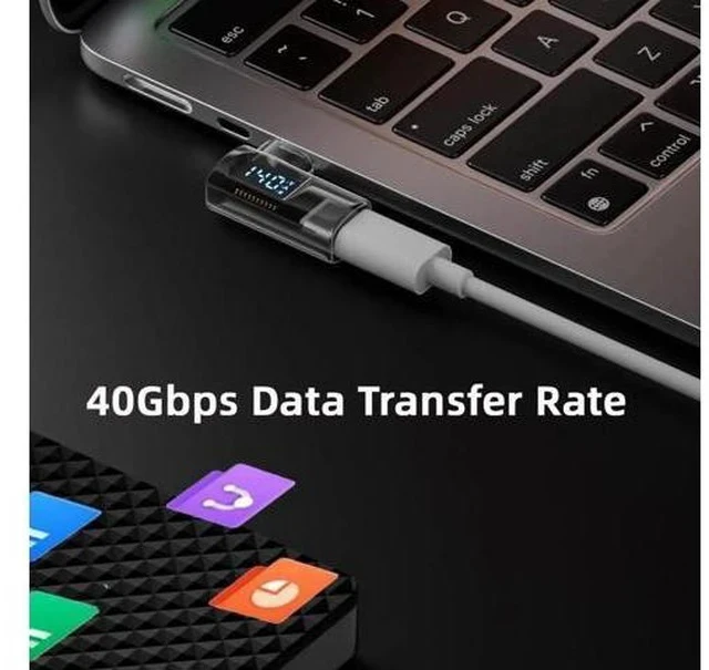Alt view image 5 of 7 - Transparent 90 Degree Left Right Angled USB-C Extension Adapter, USB4 40Gbps 140W PD Fast Charge Smart LED Display Type-C Male to Female Extender with Voltage Current Monitor