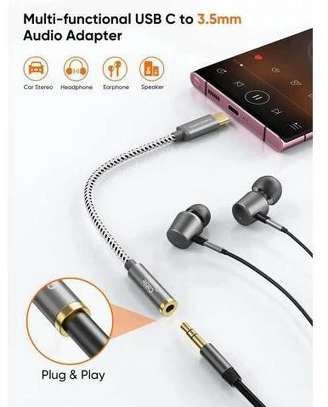 Alt view image 6 of 7 - 0.33FT USB C to 3.5mm Audio Adapter with Built-in 24Bit/96kHz HiFi DAC, Type-C Aux Headphone Dongle Compatible with iPhone 15/16 Series Galaxy S24 S23 Ultra Pixel 9 iPad