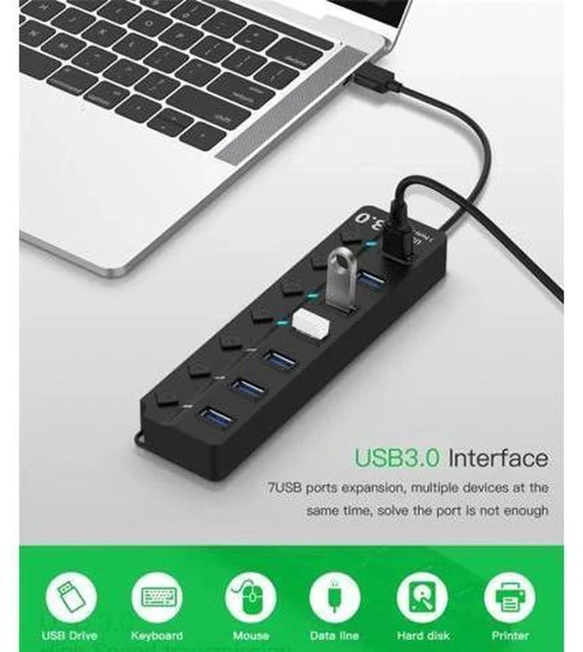 Alt view image 5 of 7 - Black 7-Port USB 3.0 Hub Splitter, 5Gbps High Speed Portable USB Port Expander Universal for Laptop, Desktop PC & Mobile Hard Drives, Model:7IN1HUB