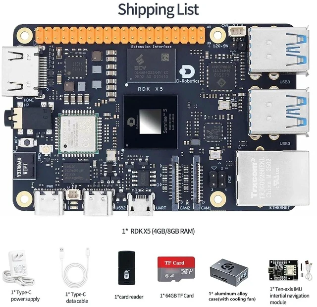 Alt view image 2 of 7 - D-Robotics RDK X5 Development Board - 10 Tops AI, 4GB/8GB RAM, Sunrise 5 Chip, Octa-core Cortex A55, MIPI DSI, HDMI, Wi-Fi 6, Bluetooth 5.4, Ready-to-Use (4GB RAM,IMU Kit)