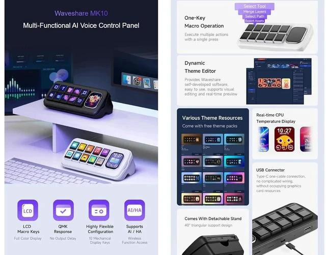 Main image of MK10 Multi-Functional AI Voice Control Panel10 × 0.85inch Mechanical LCD Keys with a 2.01inch Secondary Screen,Supports Speech Recognition and AI Speech Interaction (Black)