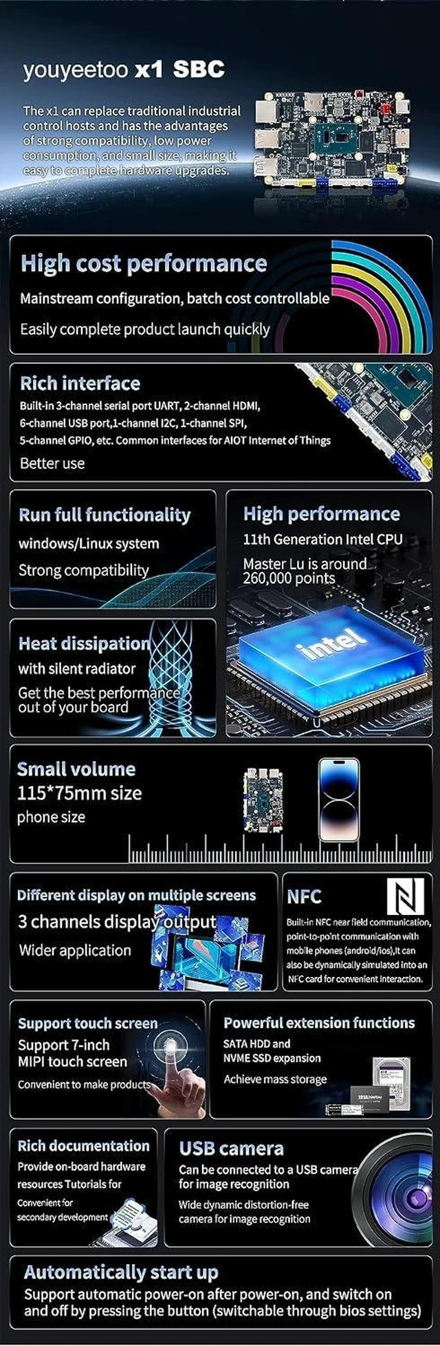 Alt view image 3 of 5 - X1/X1S - N5105 x86 Windows Linux Single Board Computer - Mini PC Dual 4K Media Server-Dual M.2 Slots Support 2280 NVMe mSATA SSD/WiFi 6 Moudle PCIE 3.0,NFC (X1(8GB RAM+128GB eMMC))