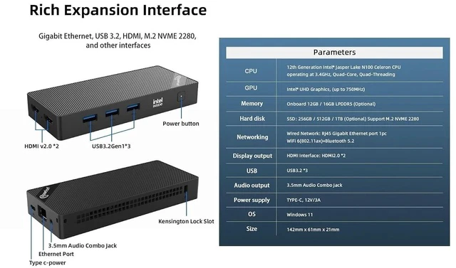 Alt view image 4 of 7 - Mini Computers Windows 11 Pro Preinstalled, Intel Alder Lake-N N100 (up to 3.4GHz) Mini PC with 16GB LPDDR5 RAM 1TB SSD (M.2 NVME 2280) Gift for Business Home Office