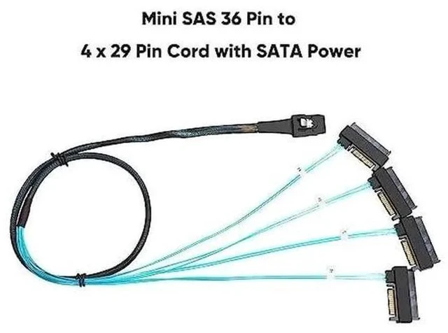 Alt view image 2 of 7 - 2 Pack Mini SAS Cable with SATA Power, Internal SFF-8087 (36Pin) to 4×SFF-8482 (29Pin) Breakout Cord, 3.3FT Server Storage Cable