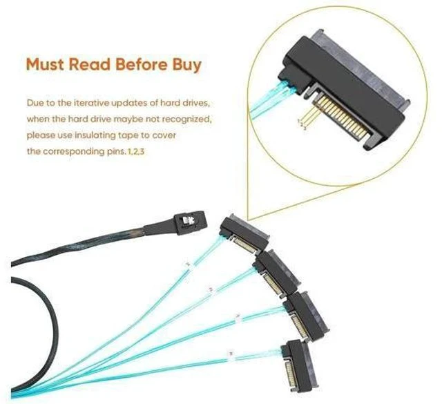 Alt view image 4 of 7 - 2 Pack Mini SAS Cable with SATA Power, Internal SFF-8087 (36Pin) to 4×SFF-8482 (29Pin) Breakout Cord, 3.3FT Server Storage Cable