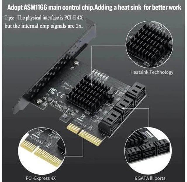 Alt view image 2 of 7 - PCIe 4X to 6-Port SATA 3.0 Expansion Card, 6Gbps SATA Controller Card with LED Activity Indicator, Comes with 6 SATA Data Cables & 15-Pin Power Cord, Compatible with Windows & Linux Systems