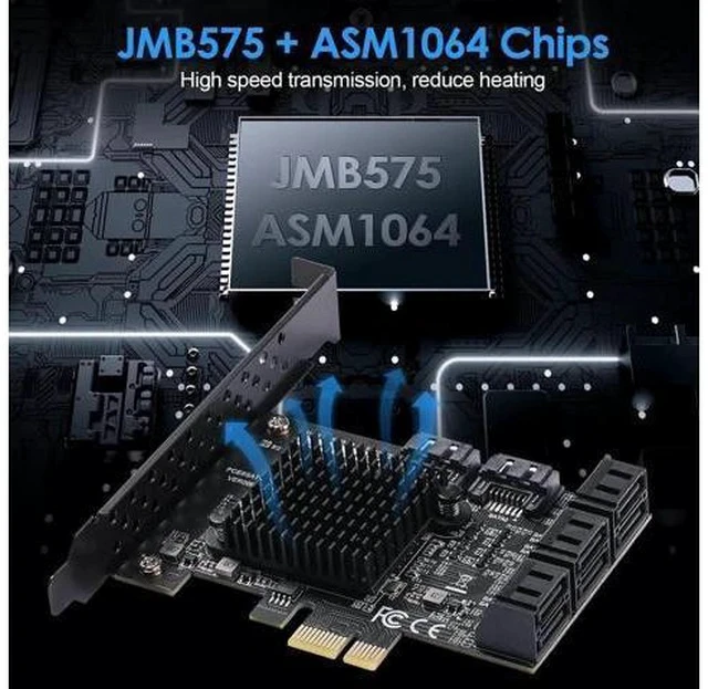 Alt view image 2 of 7 - PCIe 3.0 X1 SATA Expansion Card 8 Ports 6Gbps, ASM1064+JMB575 Chipset with 8 SATA Cables, Power Splitter & Low Profile Bracket