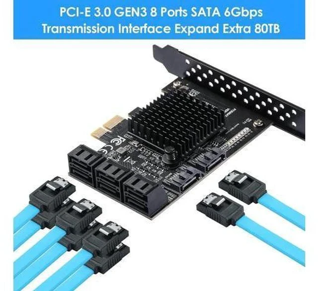Alt view image 3 of 7 - PCIe 3.0 X1 SATA Expansion Card 8 Ports 6Gbps, ASM1064+JMB575 Chipset with 8 SATA Cables, Power Splitter & Low Profile Bracket