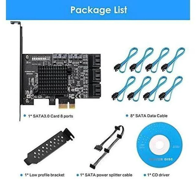 Alt view image 4 of 7 - PCIe 3.0 X1 SATA Expansion Card 8 Ports 6Gbps, ASM1064+JMB575 Chipset with 8 SATA Cables, Power Splitter & Low Profile Bracket